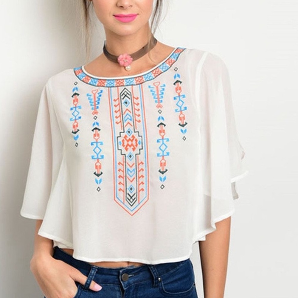 JEALOUS TOMATO Chiffon Crop Top with Aztec Embroidered Design